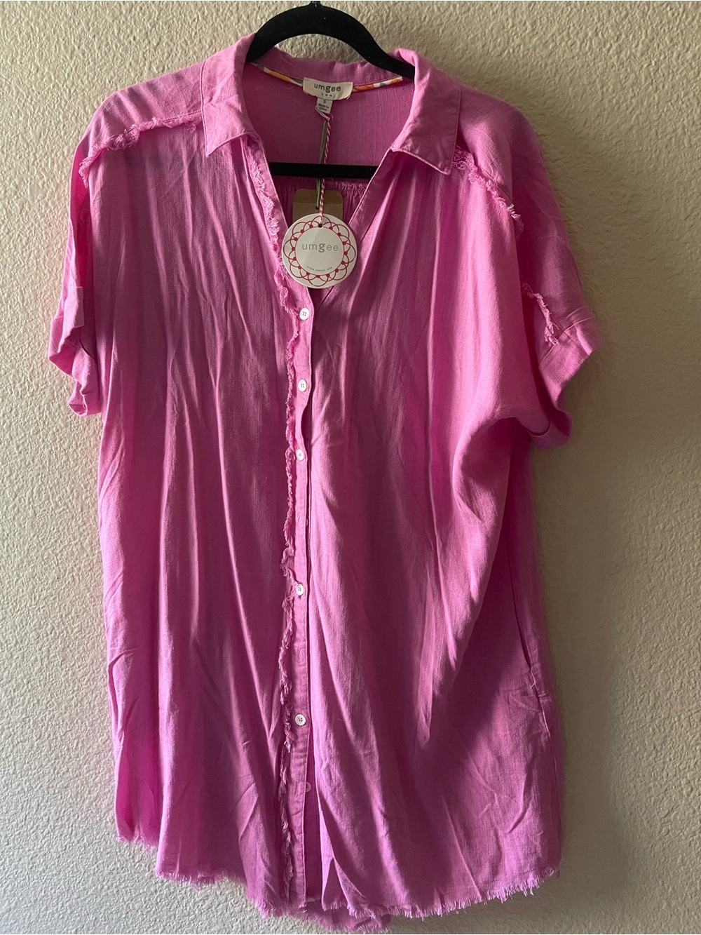Umgee Hot Pink Frayed-Trim Button Front Blouse